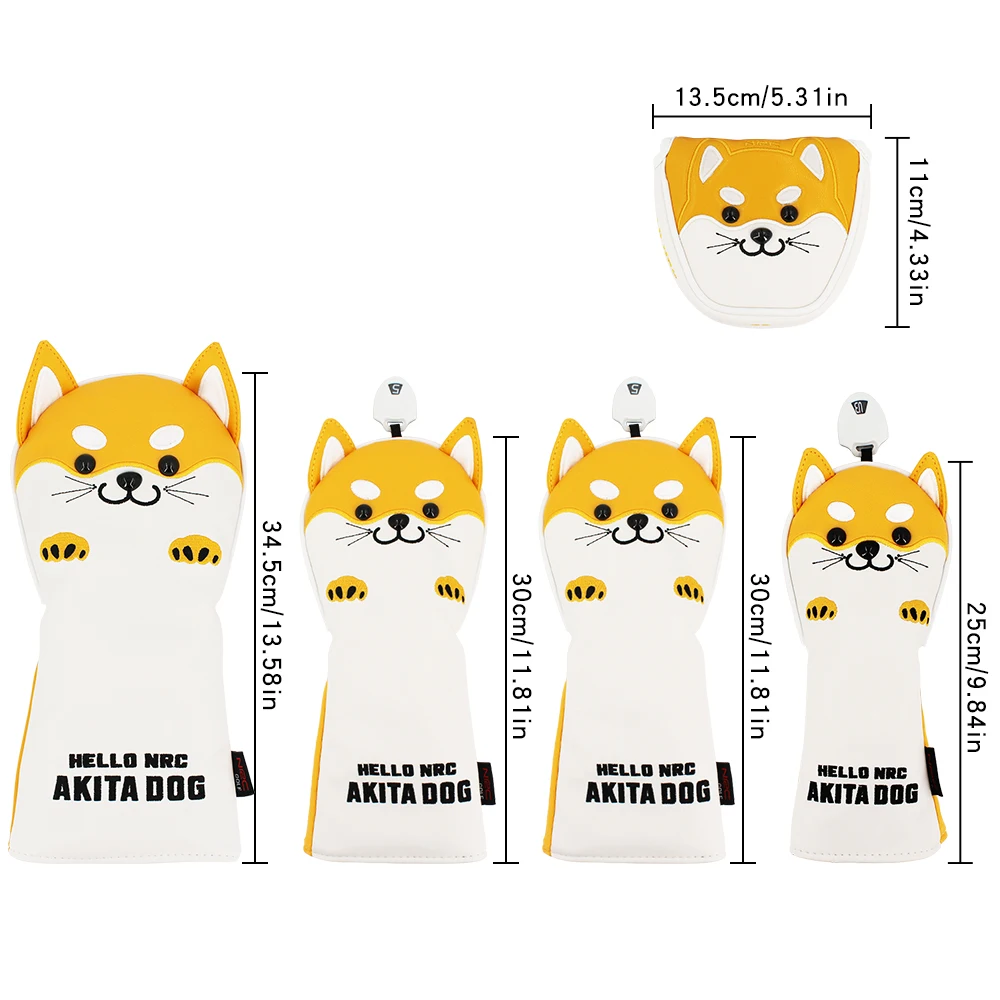 Golf Wood Head Cover for Driver Fairway Hybrid Cute Akita Golf Putter Cover PU Leather Waterproof Protector Golf Club Cover 2