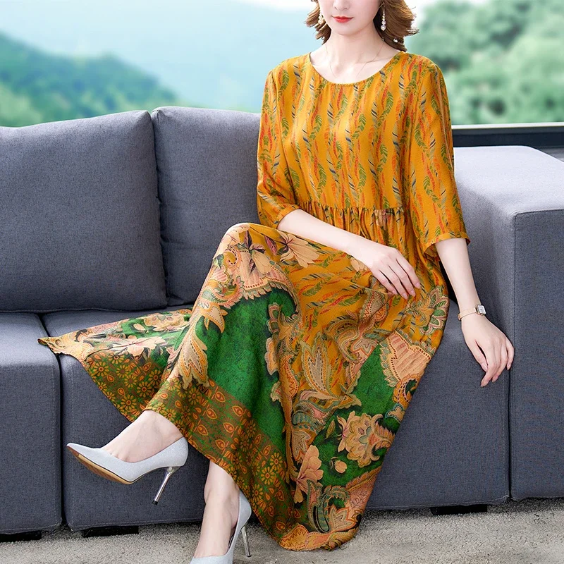 

2023 Summer Women Floral Printed High Waisted 3/4 Sleeve Imitation Silk Dress , Woman Clothes Flower Pattern Dresses