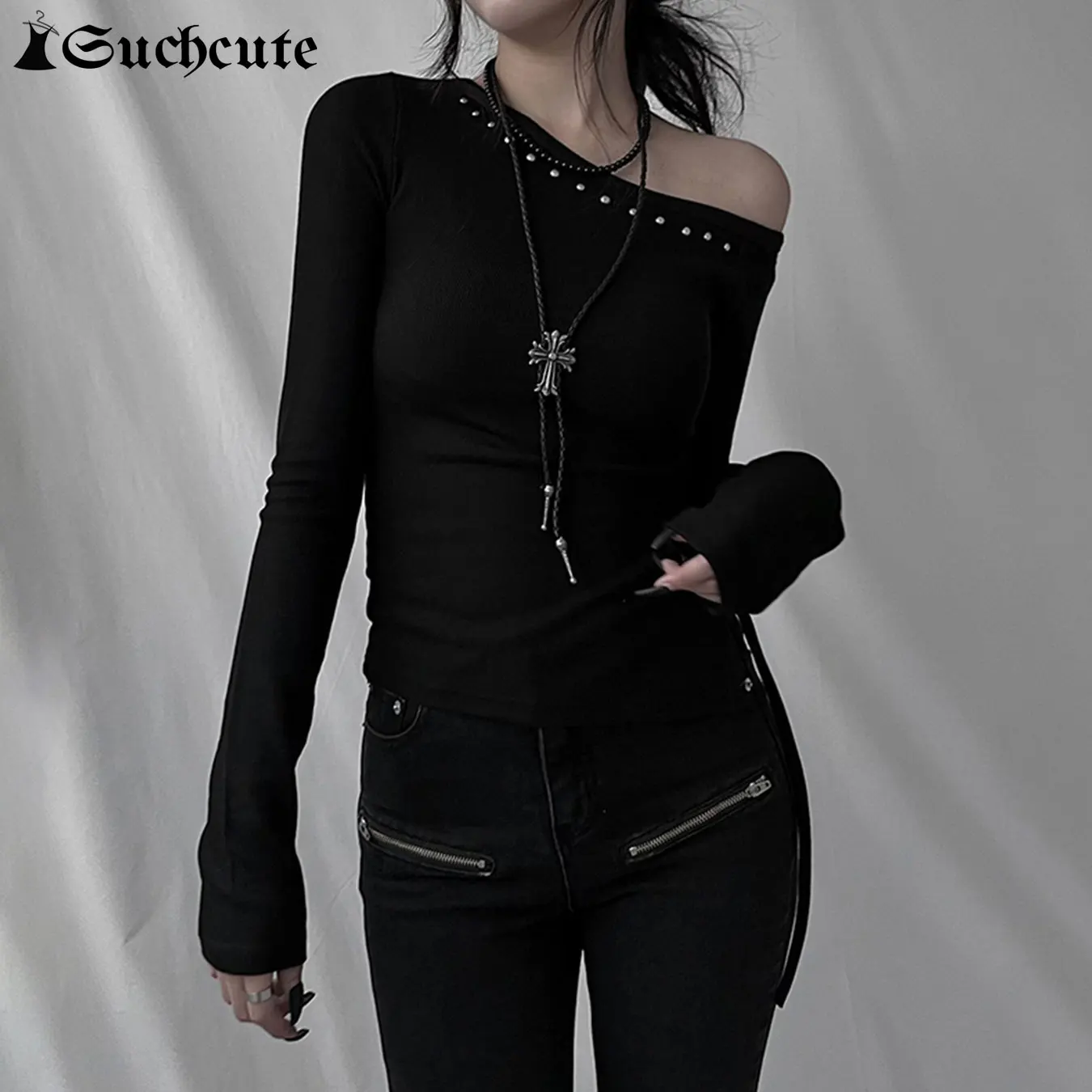SUCHCUTE Gothic Rivet Decorate Skew Collar T-shirts Y2k High Street Slim-fitting Long Sleeve Tops Women Autumn Spring Pullovers