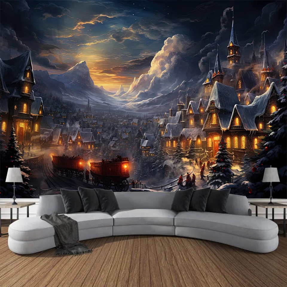 LB Arazzo Inverno Arazzo da Parete Foresta di neve per montagna Telo da Parete Scenario naturale fuori dalla finestra Arte Muraria per Soggiorno Camera da Letto Dormitorio Decorazione,200Lx150A cm