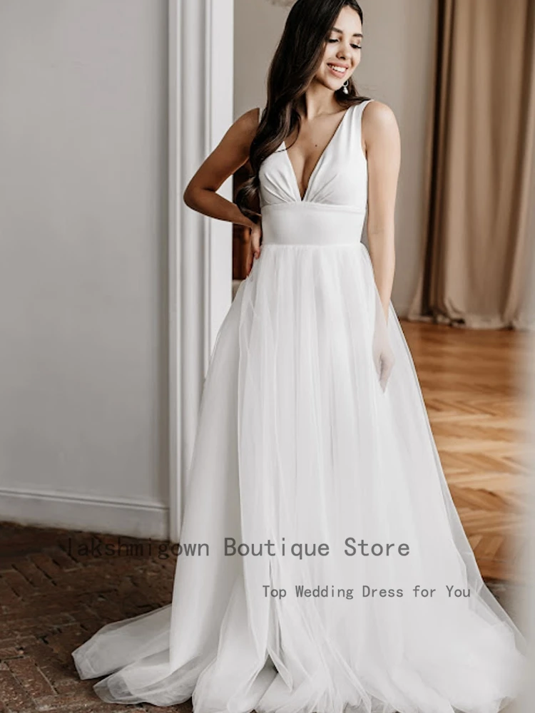 pink wedding dress Simple White Tulle Long Beach Wedding Dress 2022 Hochzeitskleid Plunging V neck White Sexy Bridal Boho Wedding Gowns Sleeveless bridal shower dress