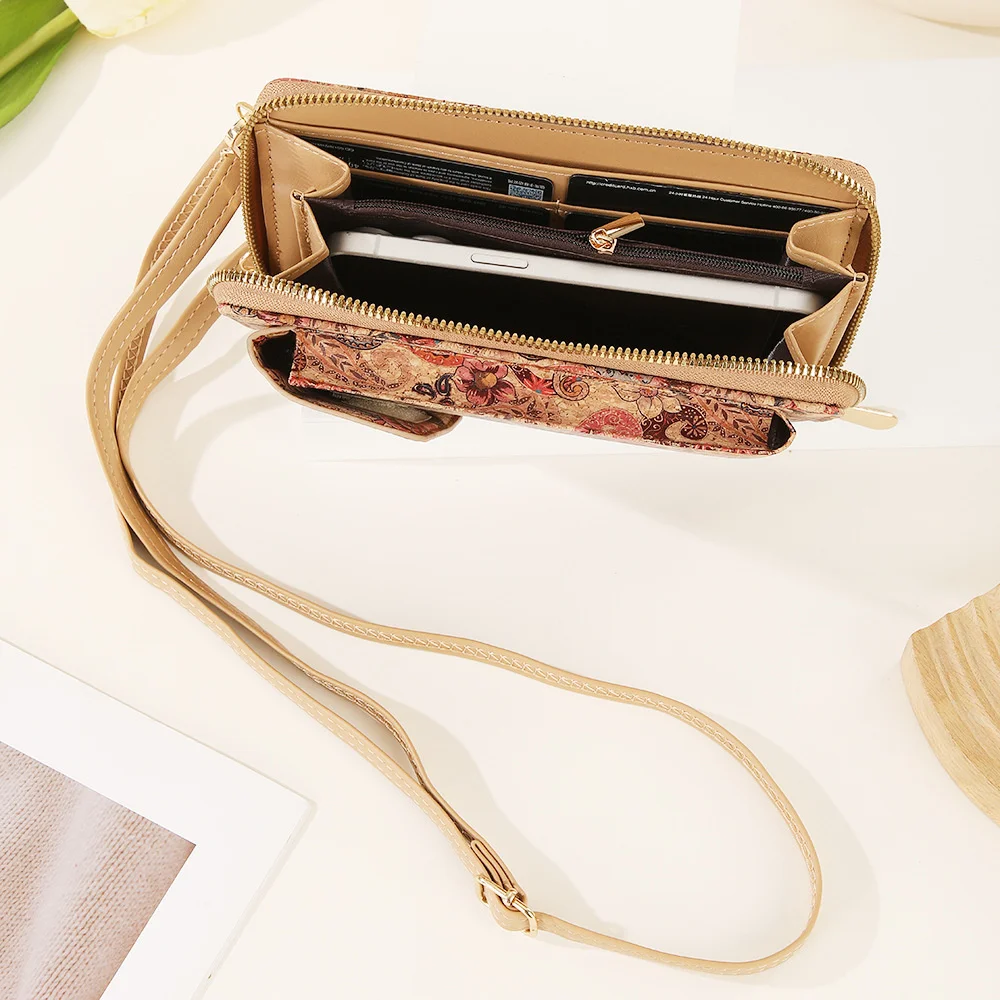 Flower Print Purse Spacious Cork Print Handbag Women'S Mobile Phone Bag Versatile Crossbody Bag For School Everyday Use Outdoor