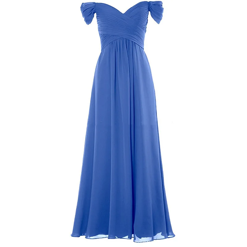 A Line Chiffon Elegant Boat Neck Pleat Flowers Off Shoulder Evening Bridesmaid Dresses Wedding Party Formal Prom Zipper Back