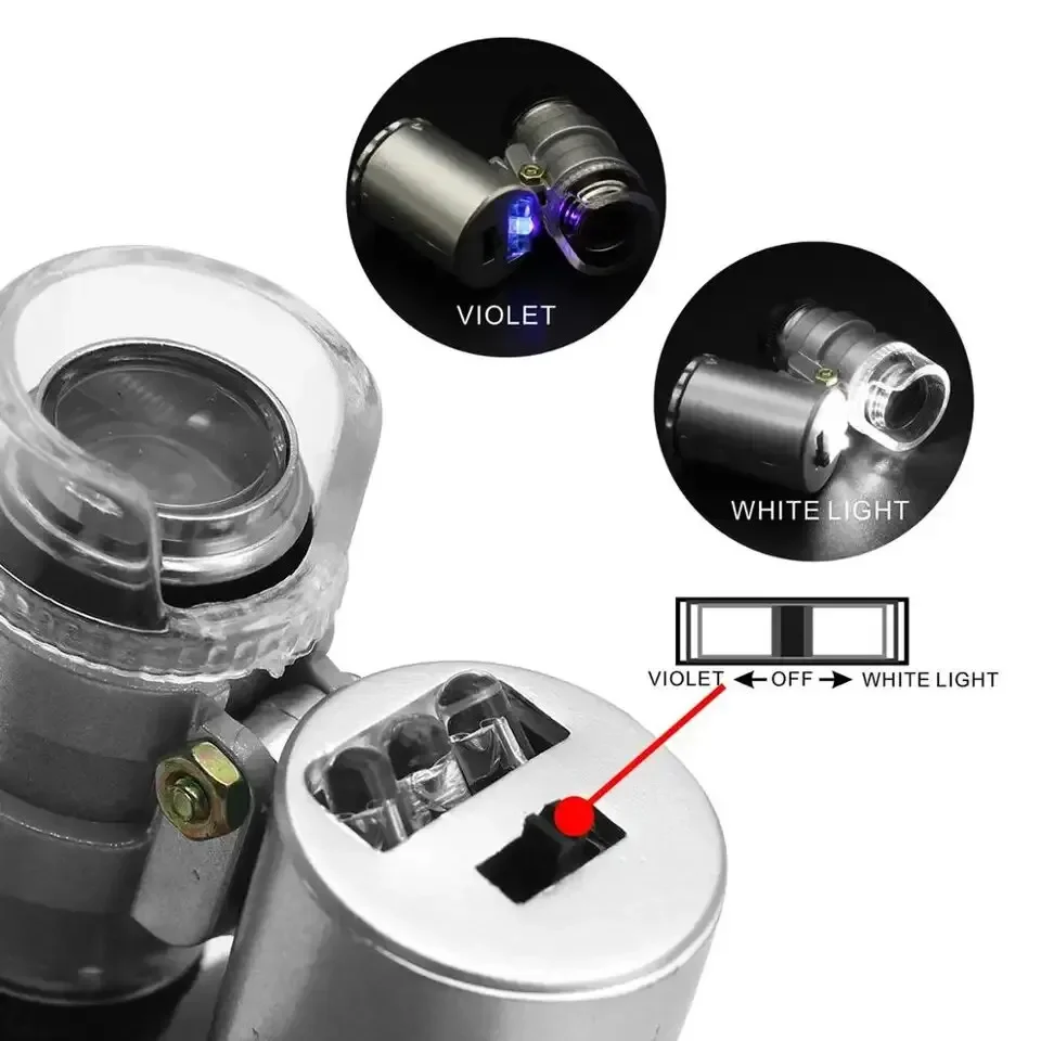 Magnifying Glass Mini 60X Microscope LED Light Handheld High Definition Pocket Jewelry Loupe Portable Currency Detecting
