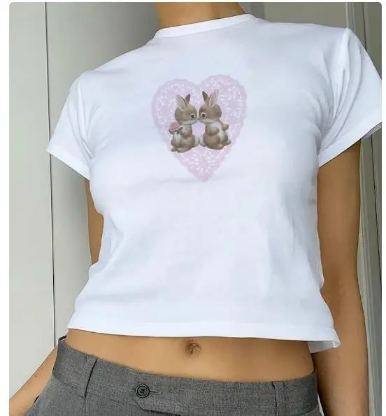 

y2k Crop Top White Streetwear Women's Crew Neck Cropped Tops Short Sleeve Bunny Print Slim Fit Baby Tees Streetwear