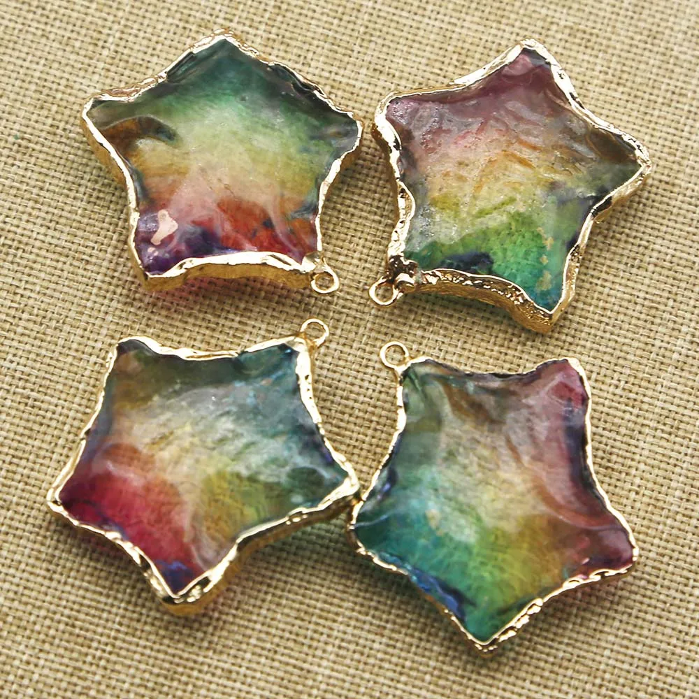 Natural Raw Ore Colour Crystal Five Pointed Star Gold Eedged Necklace Pendant Mineral Healing Jewelry Accessories Wholesale 8Pcs