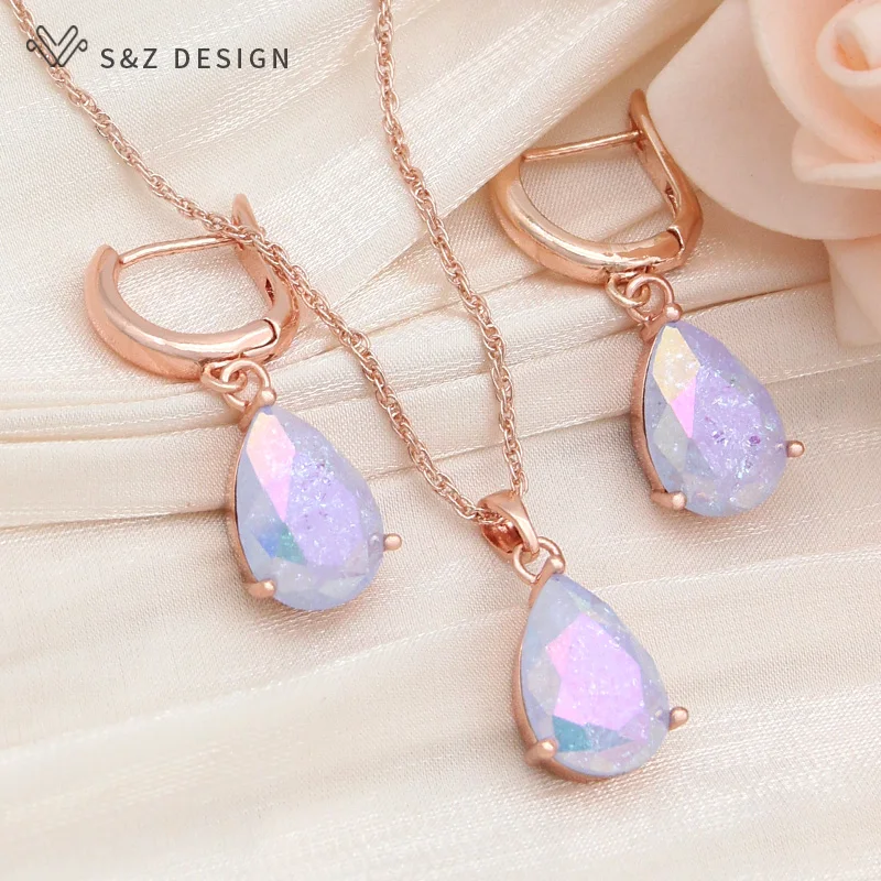 S&Z DESIGN New Fashion Water Drop Crystal 585 Rose Gold Color Dangle Earrings Jewelry Sets For Women Trendy Pendant Necklace