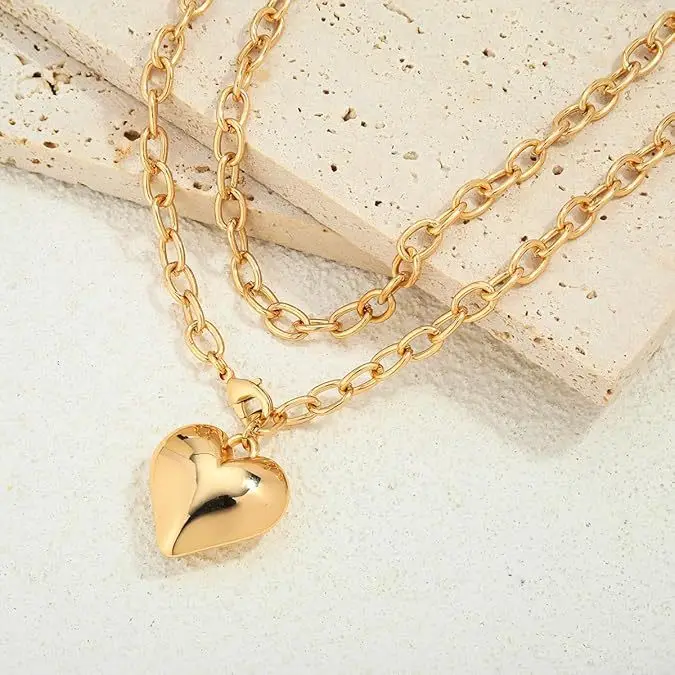 14K vergoldete Herz-Charm-Halsketten für Frauen, Herz-Anhänger-Halsketten, lange Kette, geschichtete Halskette, Schmuck, Geschenke – Detail 4
