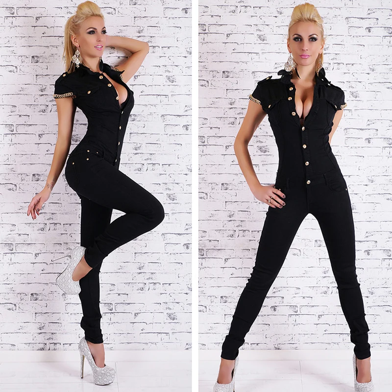 Women Sexy Deep V-neck Jean Jumpsuits 2021 New Denim Jumpsuit Buttons Chain Black Overalls for Female Autumn Bodycon Long Romper women sets mid sleeve denim jumpsuit buttons women summer 2021 new one piece suit femme lace up playsuit female pocket pants set