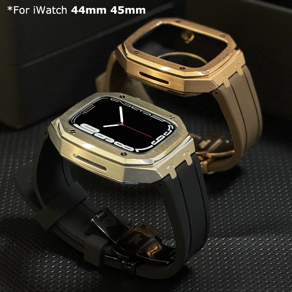 Stainless Steel Case 44mm 45mm For Apple Watch Series 8 7 6 5 4 Metal Cover Frame Rubber Set For iWatch Luxury Modification Kit