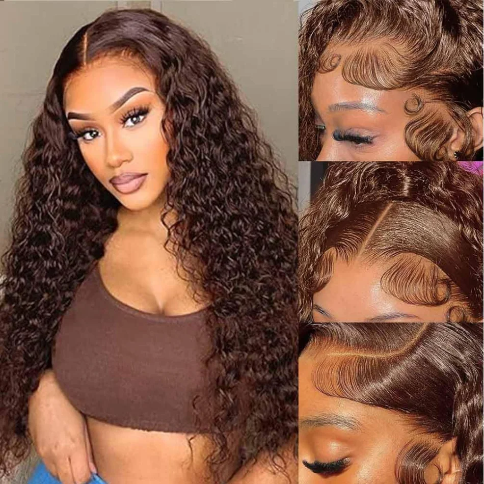 Curly Chocolate Brown Human Hair Wigs 100% 13X6 Hd Lace Frontal Wig Deep Water Wave Lace Front Wigs Preplucked Brazilian 30 Inch