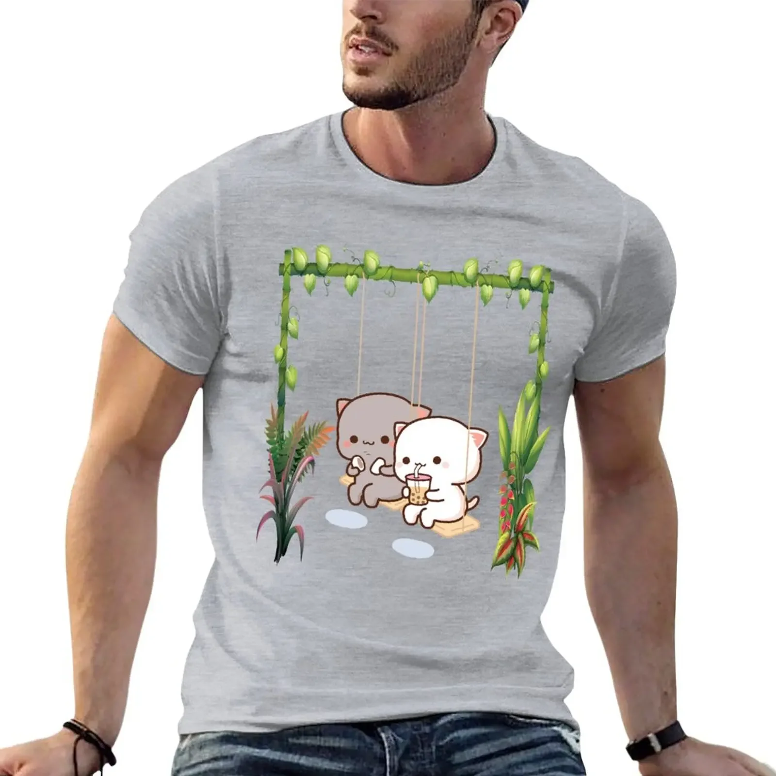 

Peach and Goma Mochi cat T-Shirt plain heavyweights cute tops men t shirt