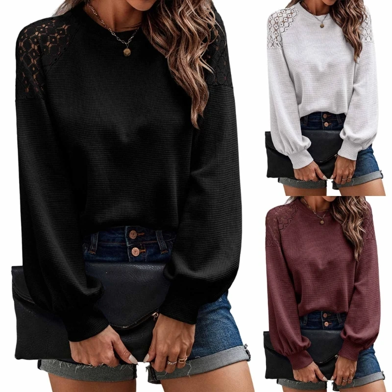 

Women Waffles Knit Shirts CrewNeck Long Sleeve Casual Loose Blouses Pullover