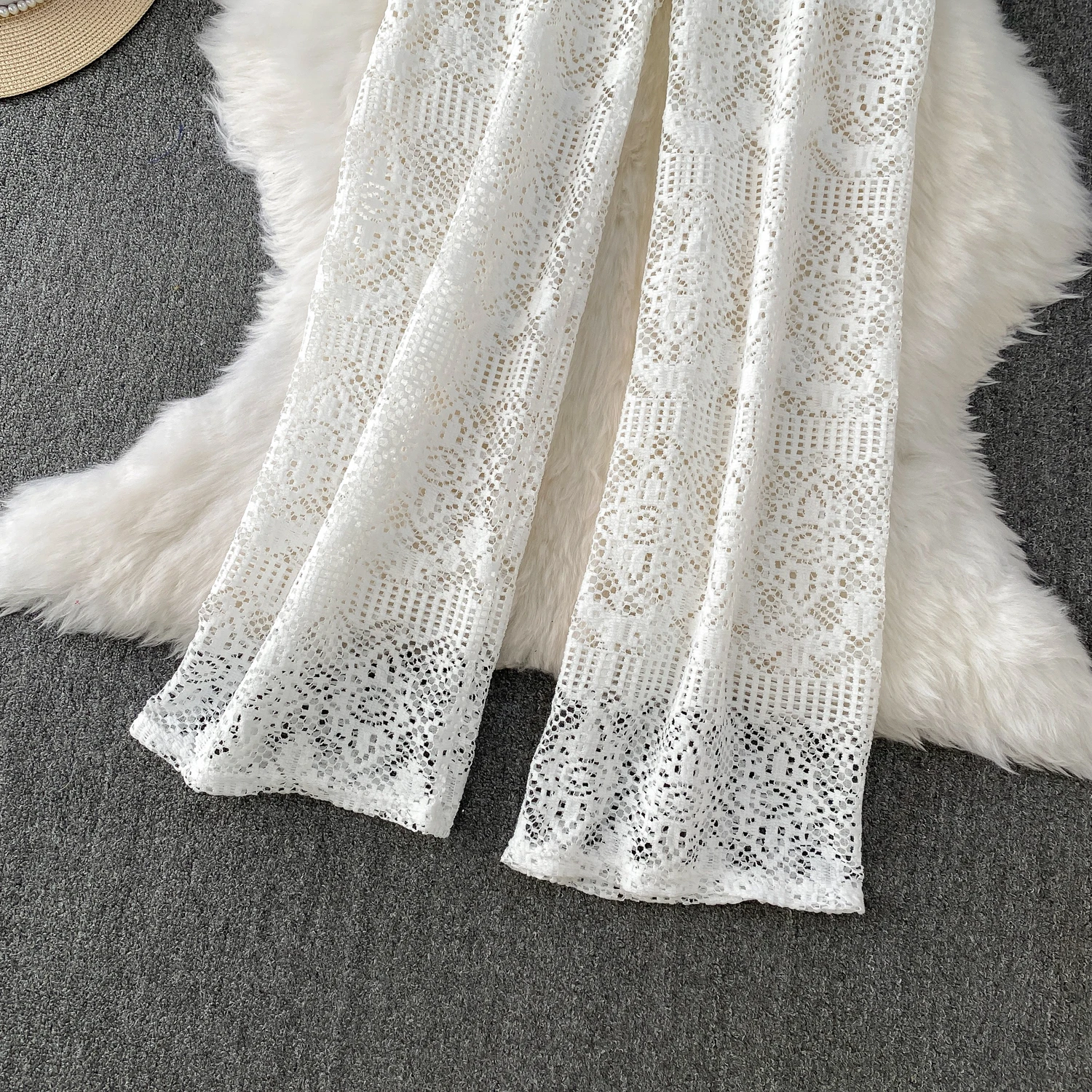 Summer Straight Pants for Women's 2025 New Bottoms High Waist Fashion Hollow Out Thin Pantalon Femme Korean Lace Trousers 63e165