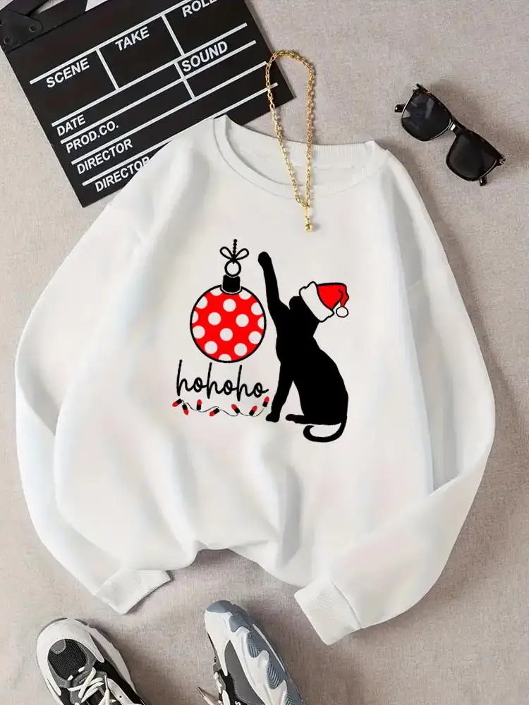 

Clothing Holiday Female Christmas New Year Print Pullovers Cat Cartoon Lovely Fashion O-neck Graphic Women Fleece Sweatshirts
