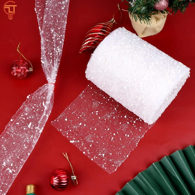 15cm 10Yards Christmas Snowflake Tulle Roll Glittering Organza Gauze Snowflake Ribbon for Christmas Decoration Gift Wrapping par