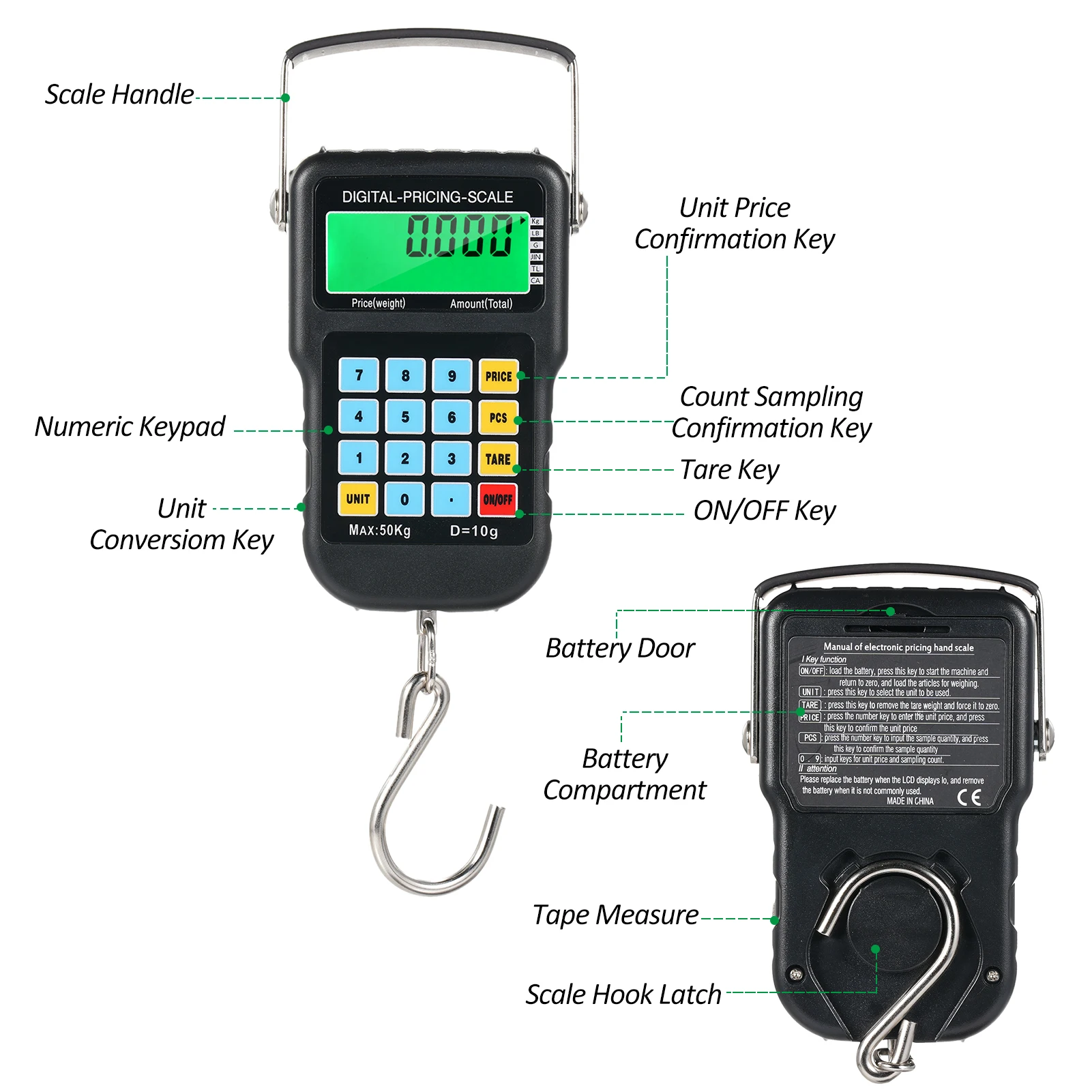 110lb/50kg Fish Scales Backlit LCD Portable Electronic Hook Digital Fishing Scale Hanging Scale with Measuring Tape Ruler - Image 2