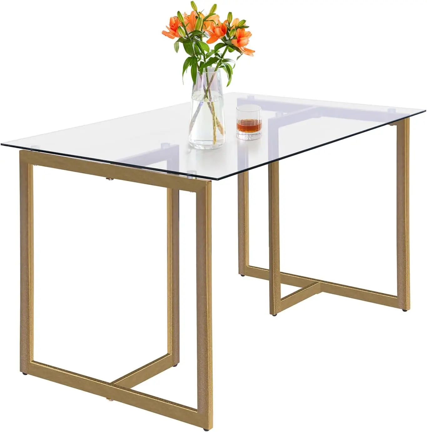 

FurnitureR Glass Dining Table for 4-6, 47" Rectangle Kitchen Table with Gold Finish Metal Legs