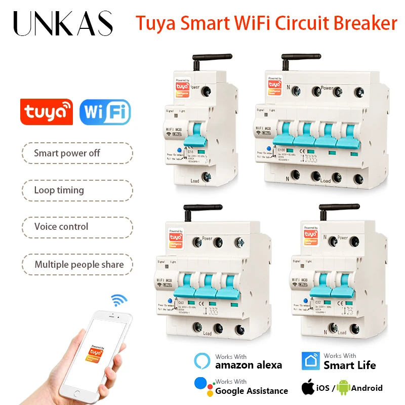 1P 2P 3P 4P Tuya App Wifi Circuit Breaker Interruptor Smart Life Timer Voice Remote Control Automatic Intelligent Switch Circuit Breaker Smart Switch
