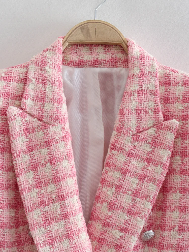 2023 Designer Women's Jacket Pink Check Tweed Blazer Retro