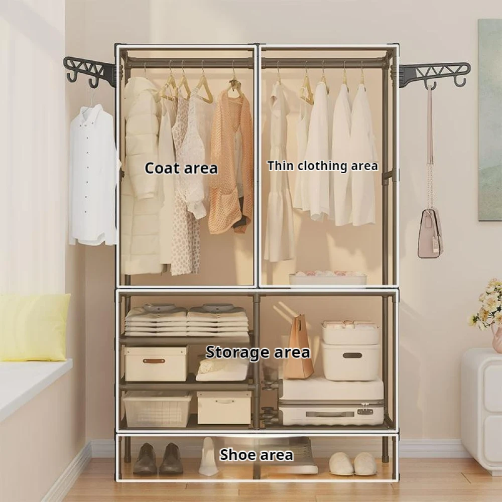 Double Row Floor Type Clothes Rack Simple-assembly Storage Shelf Large Capacity Clothes Rack For Coats And Shoes With Hook