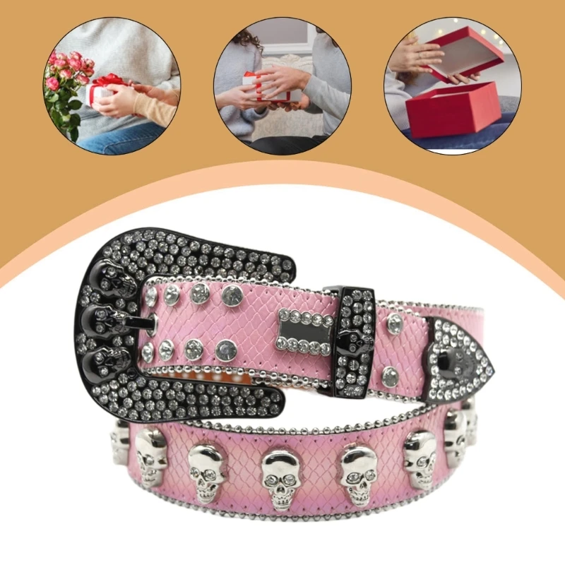 

Fashion Enthusiasts PU Belt for Pant Woman Waist Belt with Diamond Skull Buckle