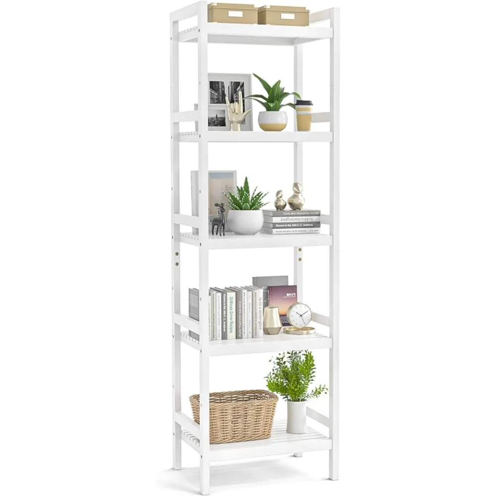 

Bamboo Bookshelf, 5-Tier Narrow 55.9” Adjustable Book Shelf Bookcase Bathroom Shelves Freestanding Storage Stand