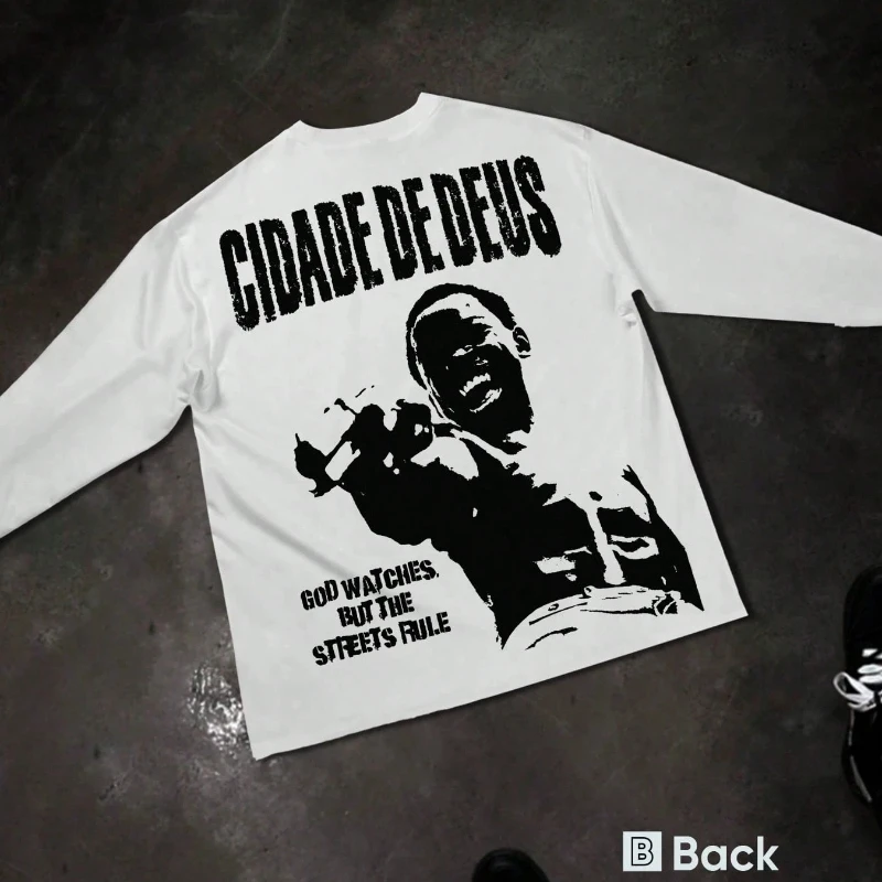 Urban street style long-sleeved T-shirt with bold graphic prints featuring a black and white art design, made of pure cotton.