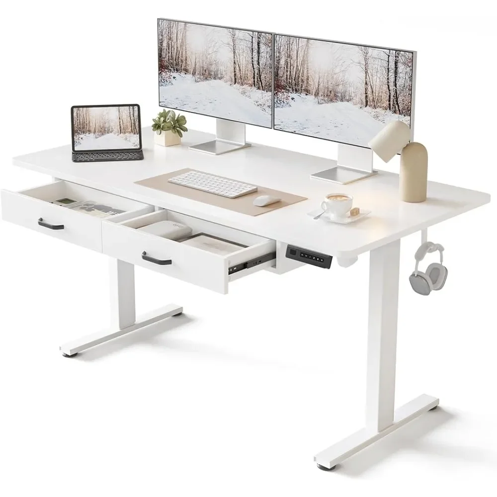 

Adjustable Height Electric Standing Desk with Double Drawer, 55 X 24 Inches Stand Up Home Office Desk with Splice Tabletop