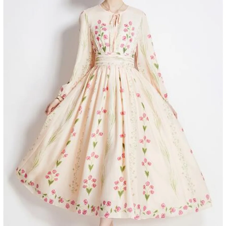 ハーリップトゥ French Bouquet Puff Sleeve Dress Fairytale Floral Tulle Puff Sleeve Bow Tie Layered Ruffle