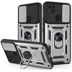 Shockproof Armor Protective Case with Magnetic Ring Holder for Redmi 9C NFC (Silver phone case)