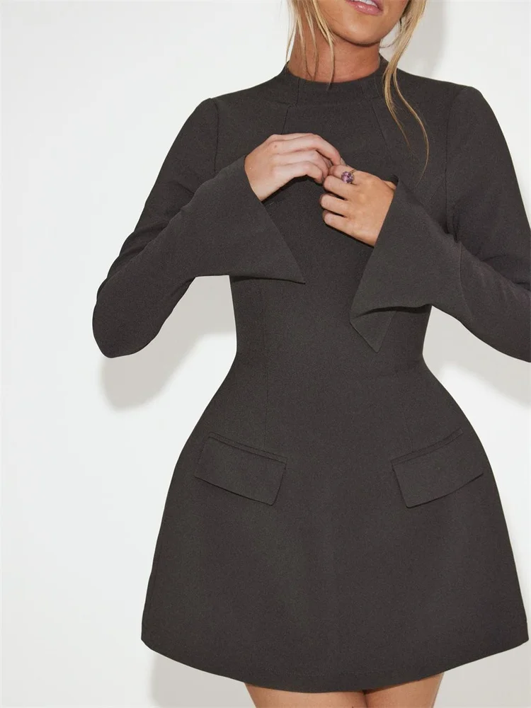 Female Autumn Elegant Mini Dress Women's Pocket Patchwork Slim Long Sleeve Commute Clothes Female Solid Casual Mini Dress