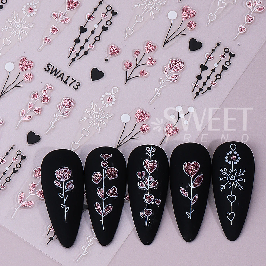 4pcs Valentine's Nail Stickers Black White Love Heart Lines Rose Design Adhesive Nail Decals DIY Sparkly Manicure Decor Sliders