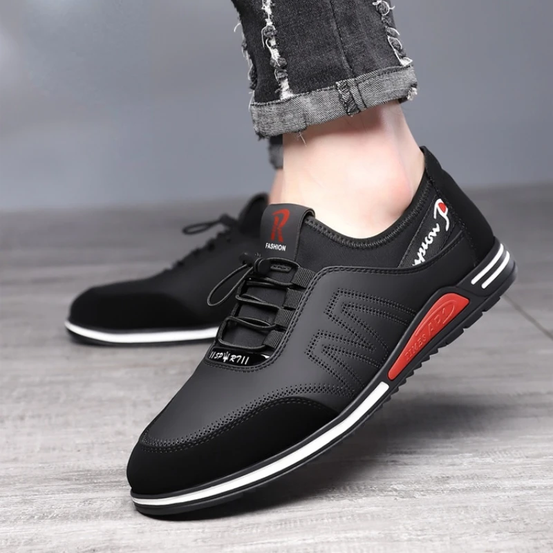Casual Shoes Men Elastic Band Leather Soft Flat Business Sneakers