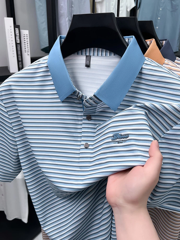 Fashion stripe color blocked men short sleeve polo shirt summer new trend brand embossed silky smooth breathable casual T-shirt 13 Sae0307d53dc247c782a57a1699bef7f0u