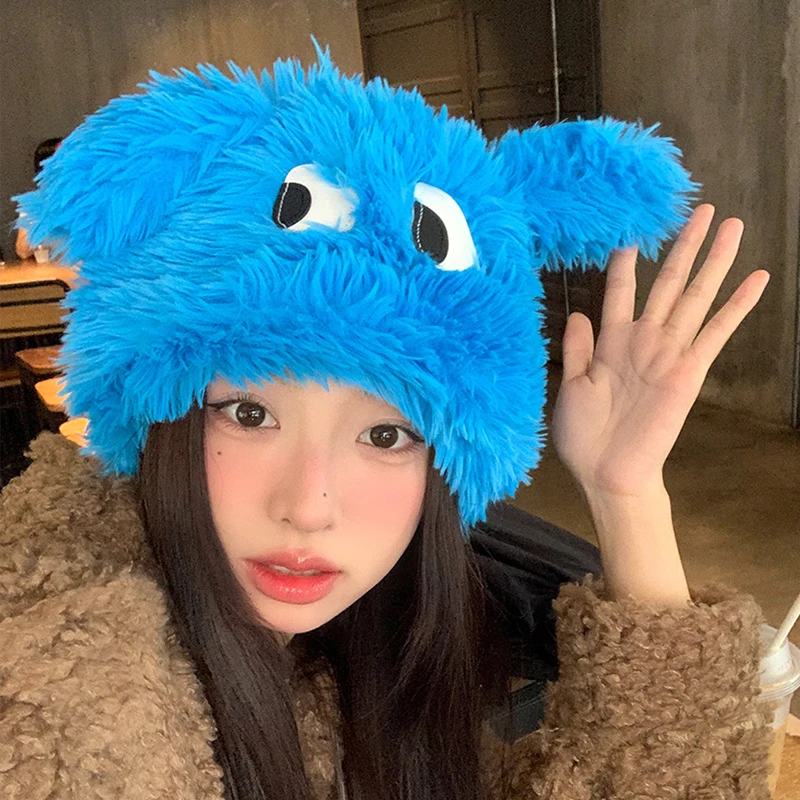 

Cute Cartoon Big Eyes Fluffy Fur Hat Women Winter Thickened Warm Bucket Caps Outdoor Female Rabbit Hair Windproof Panama Lady