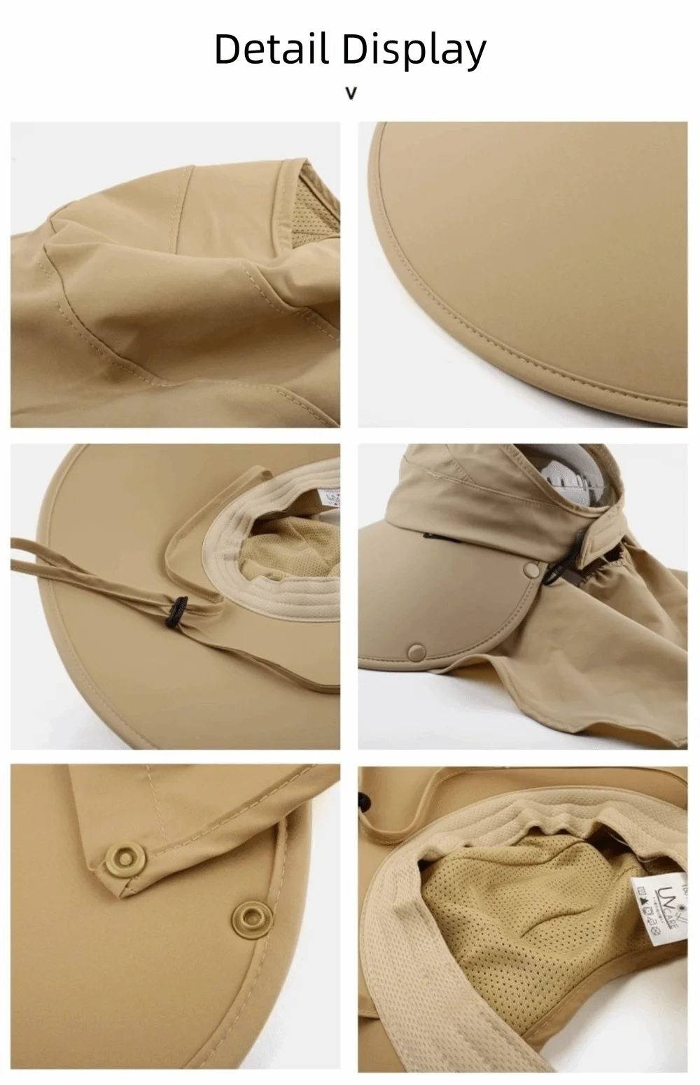 Neue Sonnenkappe mit breiter Krempe, atmungsaktiv, mit auslaufsicherem Pferdeschwanz-Öffnungsfeld, faltbarer Sommer-Strandhut für Damen – Detail 2
