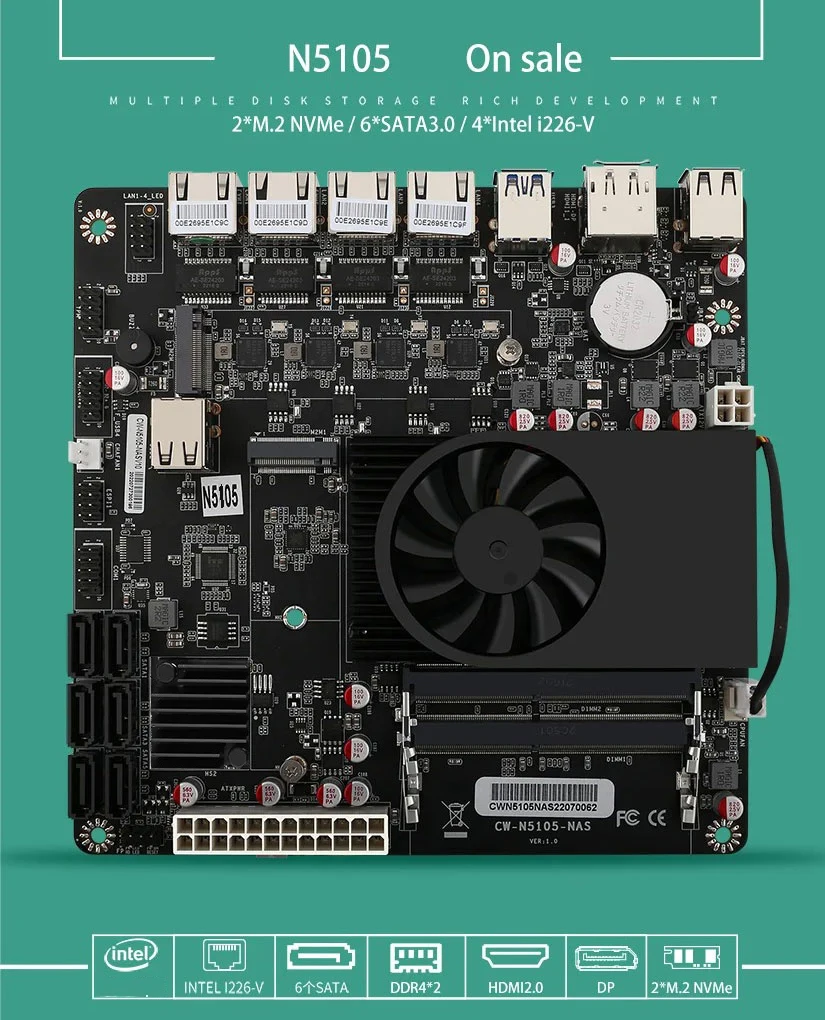 Description Picture 3 of itemN5105 Industrial Motherboard NAS Motherboards 4 Cores 4 Threads Low Power Processor 4x2.5G I225 Network 2 M.2 Slot 6xSATA DP HD