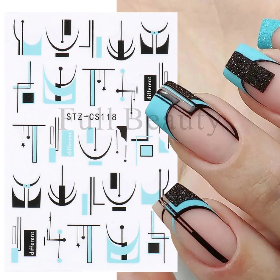 3D Black White French Nail Art Stickers Geometry Smile Line Design