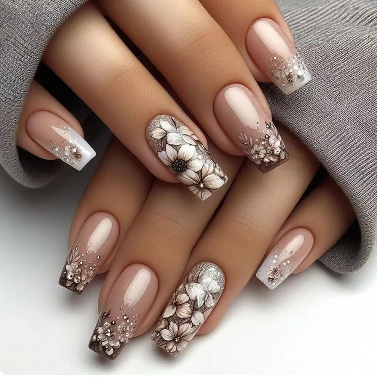 Ladder-Shaped Floral Ombre French Press-On Nails with Glue Strips - 24 Piece Set