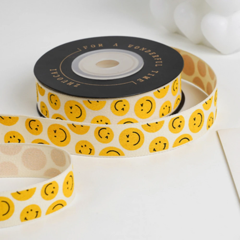 9 Meter 16MM Smiley Face Printed Webbed Korean Small Flower Clothing Accessories Polyester Ribbon HANDMADE Hair DIY Lace ribbon decoration ribbon supplies polyester ribbon