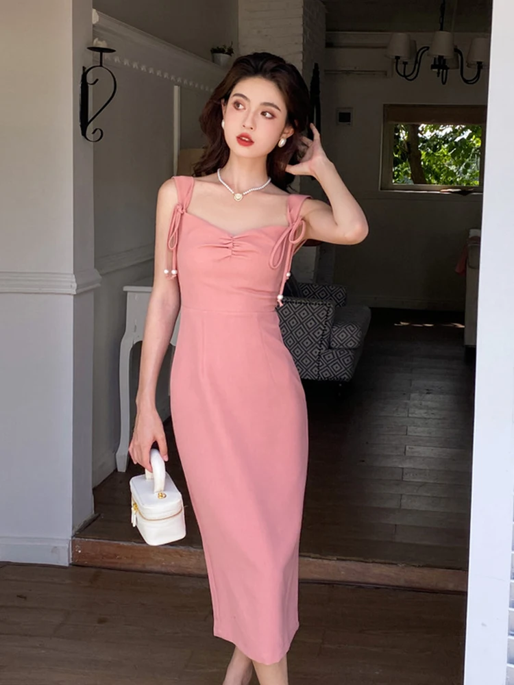 

Fashion Sweet Dresses Women Casual Chic Sexy Black Pink Black Strap Backless Midi Robe Party Club Beach Holiday Mujer Vestidos