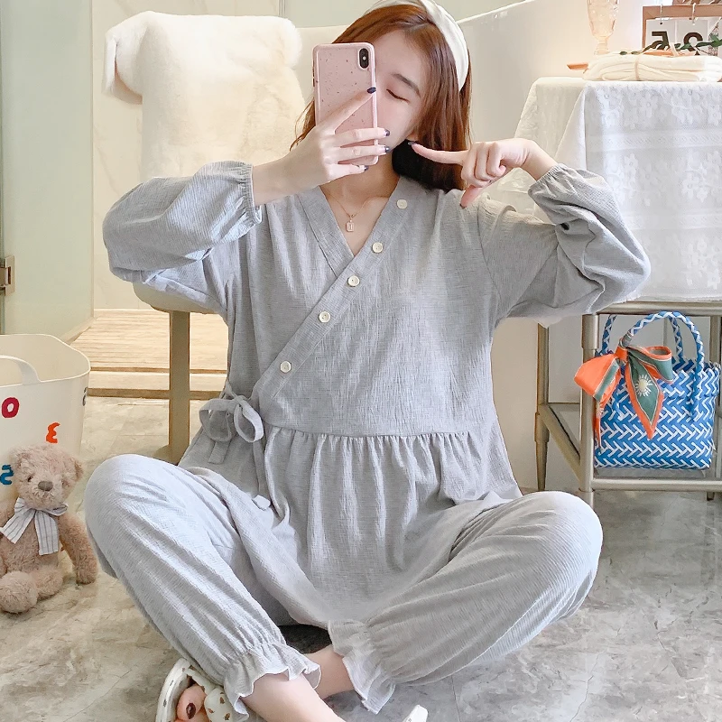 65% Cotton Maternity Nursing Sleepwear Sets cotton pajama set maternity nightgown set Spring Autumn Pajamas Clothes Pregnant Women Pregnancy Home Sleep Hospital