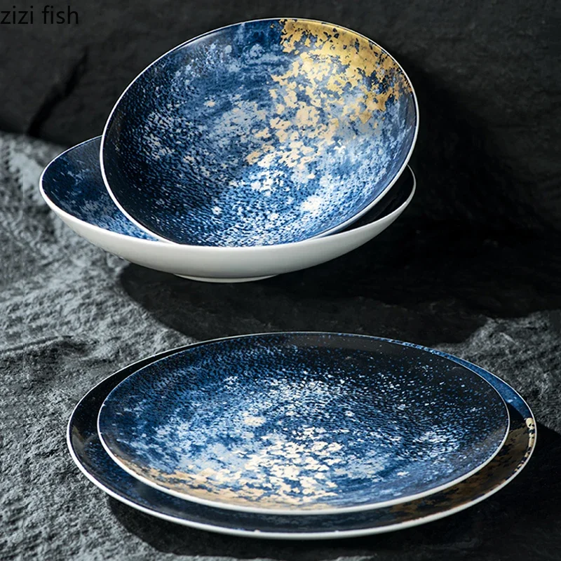 Starry Sky Blue Ceramic Plate Salad Plate Dessert Steak Plates Sushi Plates Seasoning Dish Restaurant Creative Tableware