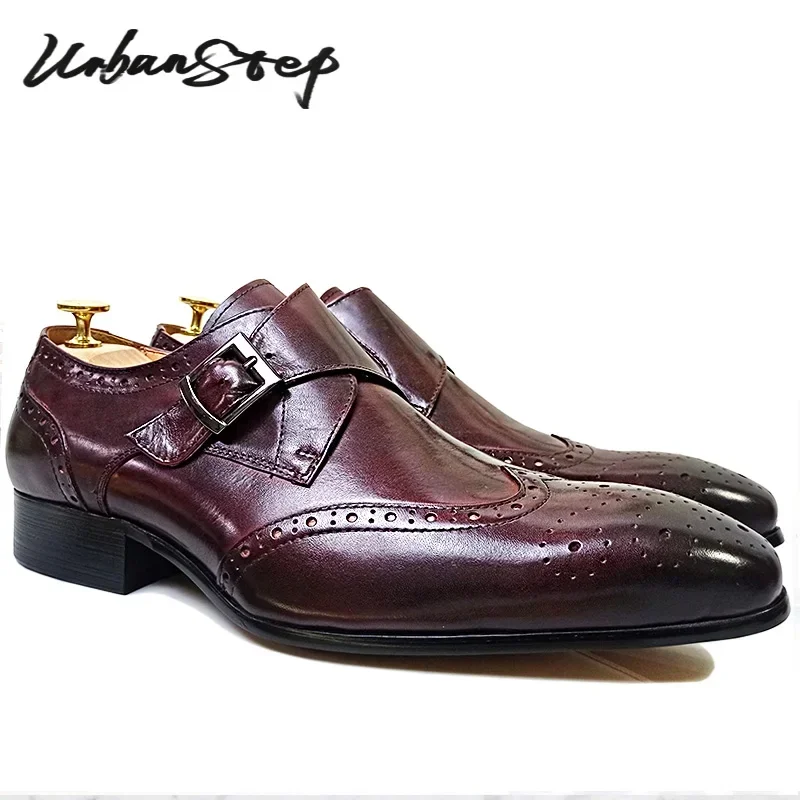 Leather shoes LUXURY MEN'S LOAFERS GENUINE LEATHER BURGUNDY SLIP ON MONK STRAP CASUAL DRESS MAN SHOE BUSINESS OFFICE WEDDING SHOES MEN