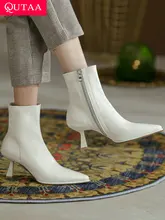  QUTAA 2022 Women Genuine Leather Ankle Boots Shoes Thin High Heels Short Boot Winter Fashion Office Lady Size 34-39 