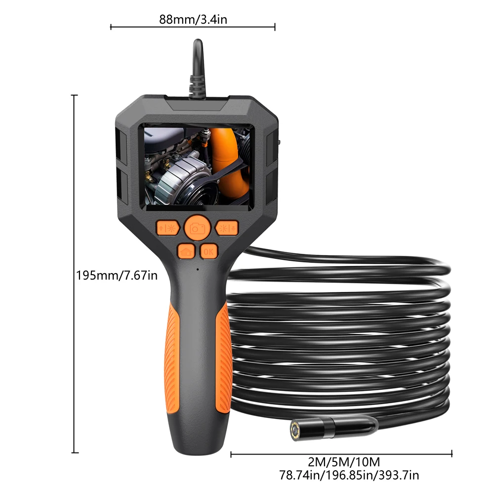 Endoscope Industriel 1080P HD - Écran 2,4" IPS - Câble 5m Semi-rigide IP67 - Caméra étanche Pour Inspection