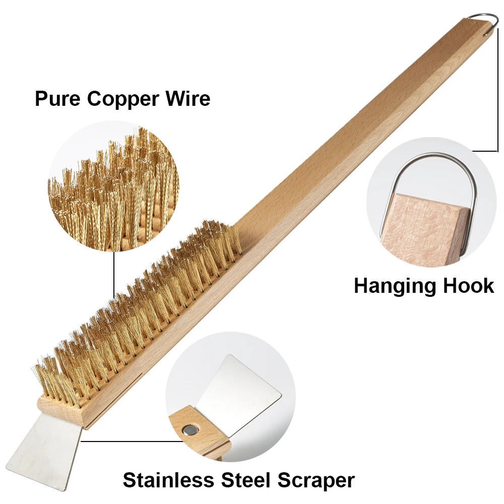 Onilini Pizza Oven Copper Brush with Scraper Household Grill Brass Cleaning Brush Wood Handle Roccbox Onni Koda Oven Cleaner