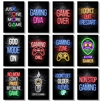 Quadro su Tela con Stampa Artistica, Poster per Sala Giochi, Stampe Neon Video Gamer per Bambini e Ragazzi, Decorazione per Sala Giochi, Regalo