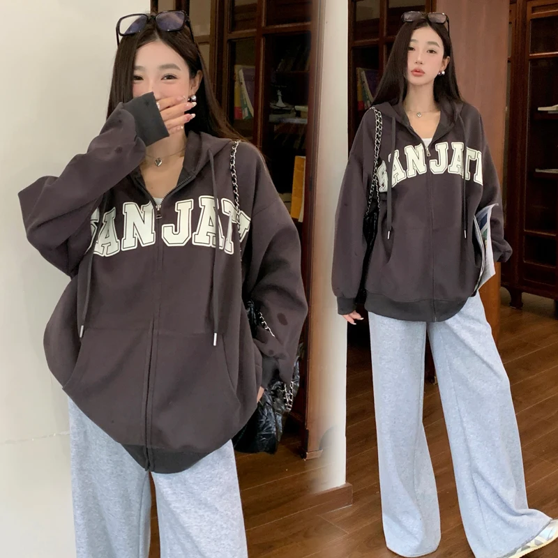 Autumn and Winter Pregnant Women's Cardigans with Hats Letters Casual Loose Oversized Jackets